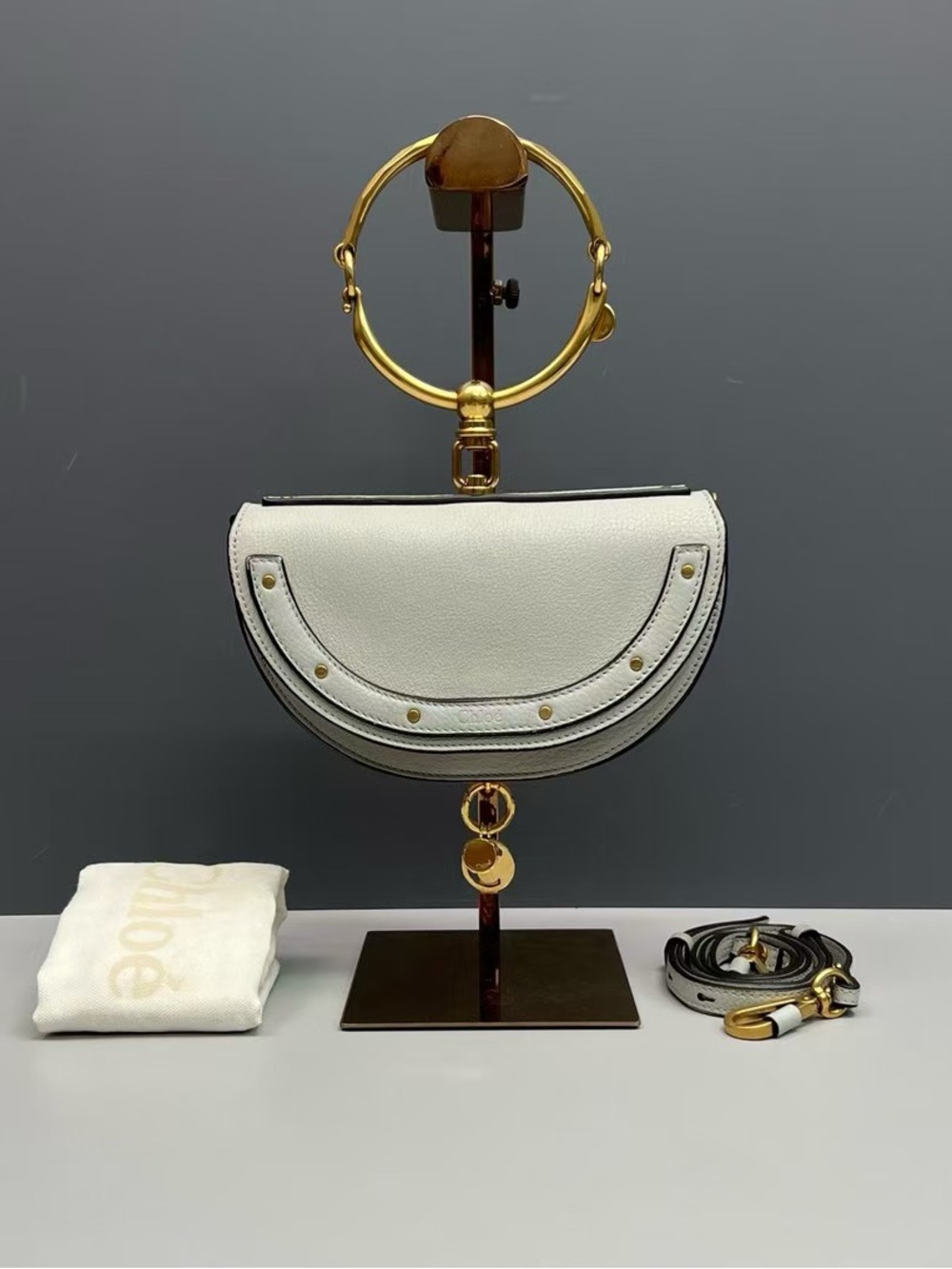 Chloe White Crescent-Handbag with Gold Hardware